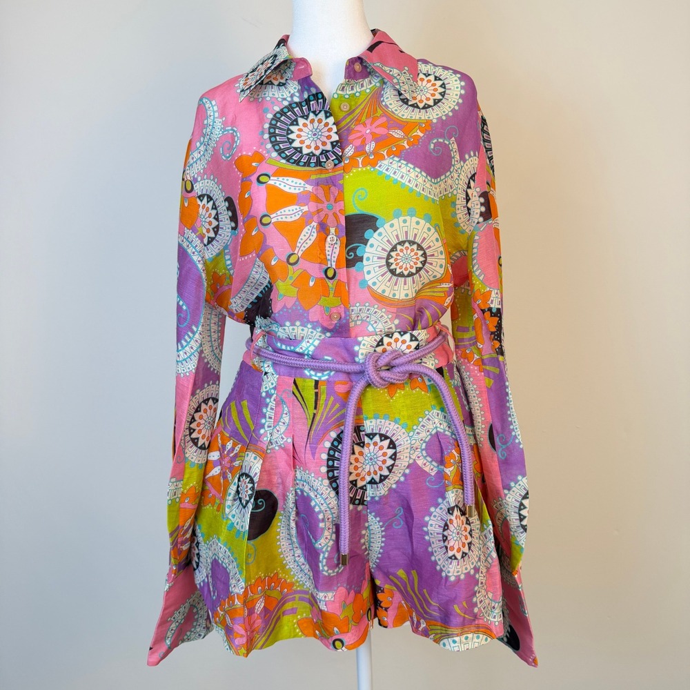 Alexis Saine Top Costa Shorts Womens Medium 2-Piece Set Linen Silk Retro Resort - Picture 2 of 16